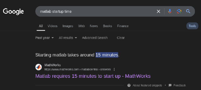 Screenshot of me googling "MATLAB startup time". The AI generated answer is "Starting MATLAB takes around 15 minutes"